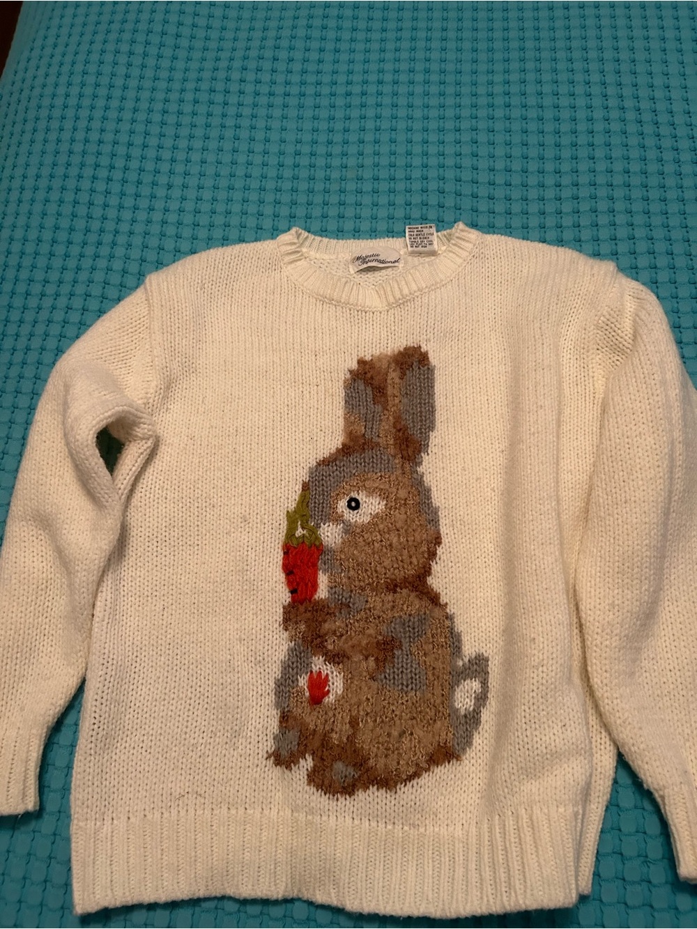 Majestic Cream Crewneck Sweater with Brown Bunny and Red Carrot